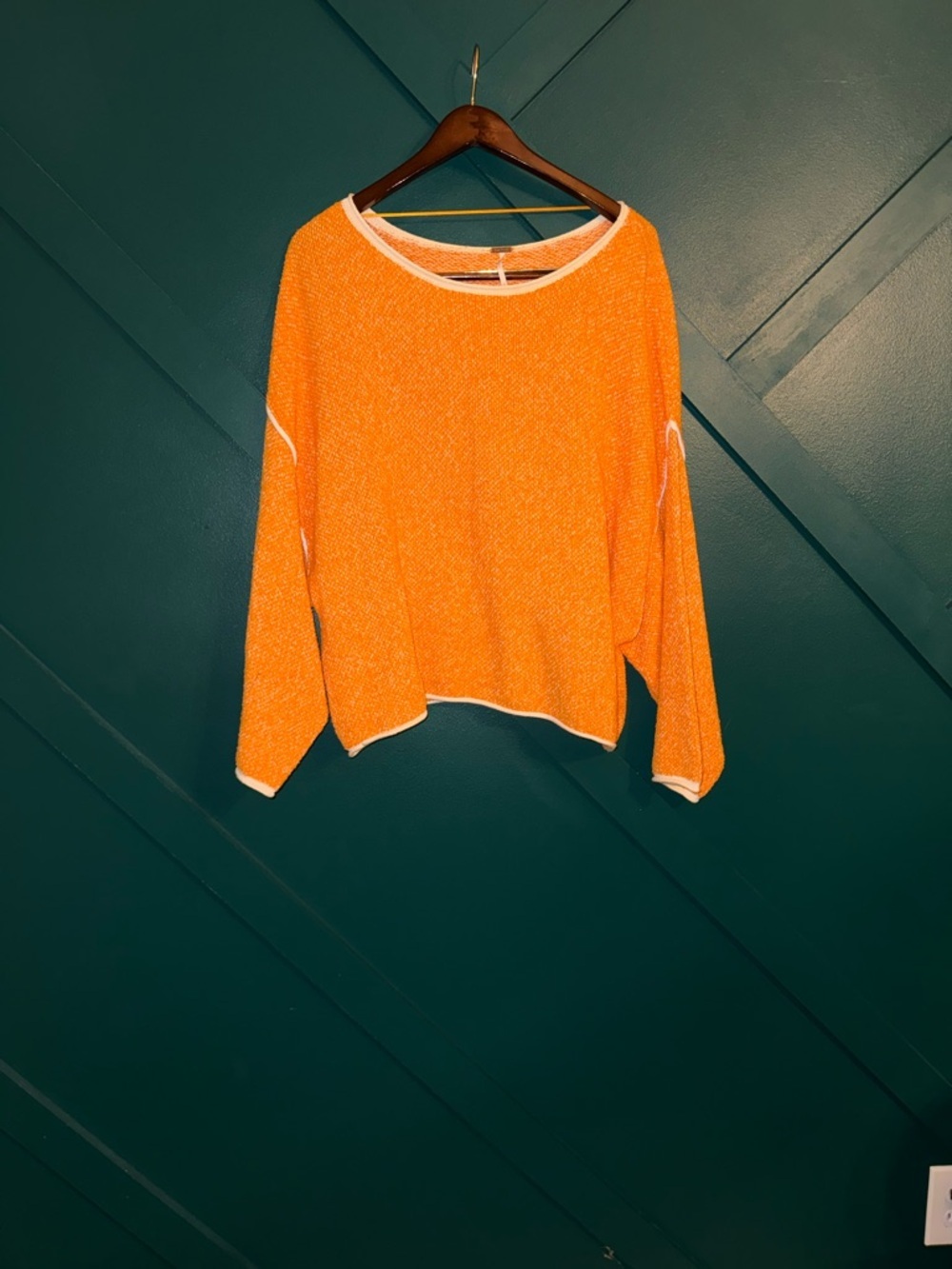 Free People Cropped Orange Bouclé Pullover with White Trim - Picture 3 of 9